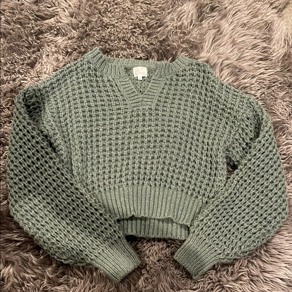 Green Waffle Knit Sweatshirt with Ribbed Trim